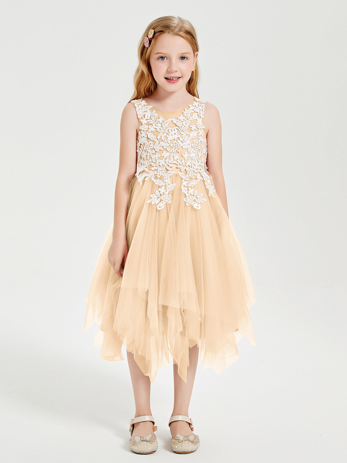 Tea Length Tulle Junior Bridesmaid Dresses Peach